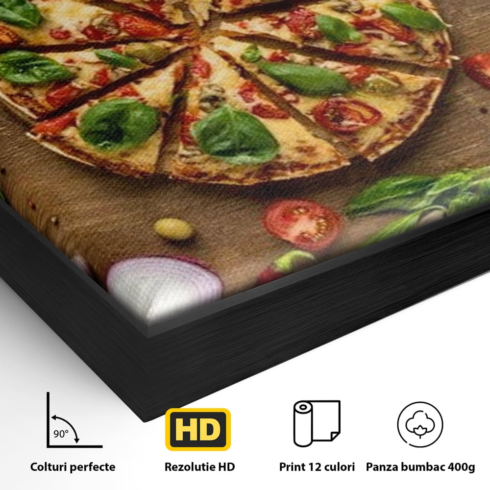 Detaliu al suprafetei: tablou canvas cu pizza si legume, in rama de aluminiu negru